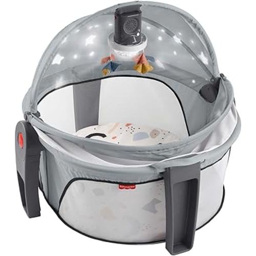 Fisher-Price Portable Baby Bassinet Deluxe On-The-Go Projection Dome, Travel Play Space for Newborns with Lights Music & Canopy, Paper Shapes