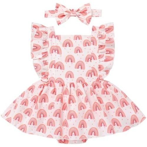 ODASDO Newborn Infant Baby Girl Ruffle Sleeve One-Piece Romper Dress with Headband Set Summer Casual Clothes 0-24 Months