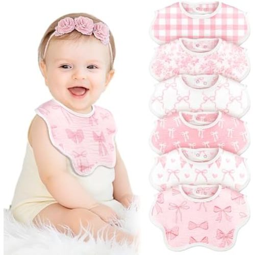 Yearntown 6 Pack Baby Muslin Bibs for Girls Boys Adjustable 100% Cotton Soft for Drooling and Teething Organic Lap-Shoulder(Pink Bow)