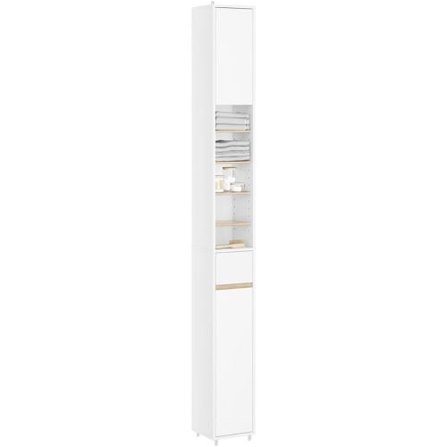 SoBuy Bathroom Narrow Storage Cabinet Skinny Tall Unit with Adjustable Shelves Slender Anti-Tipping Floor Standing Cupboard, White & Natural BZR34-WN