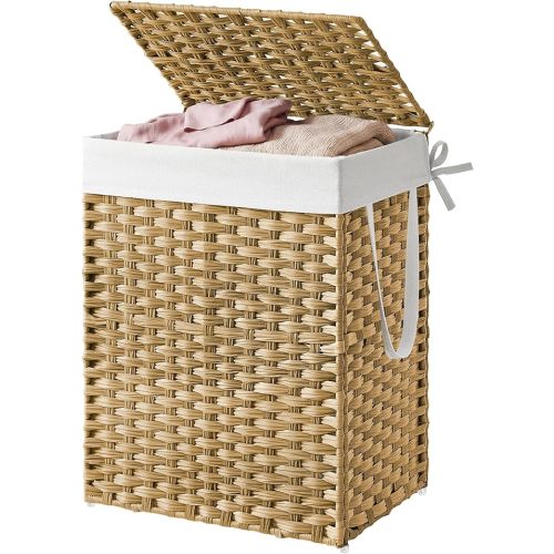 SONGMICS HOME Laundry Hamper with Lid, Clothes Basket with Removable Liner and Handles, 17.2 Gallon, Foldable Narrow Laundry Organizer for Bathroom, Bedroom, Light Brown
