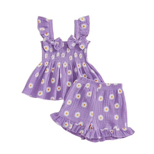 Toddler Baby Girl Outfit Summer Clothes Bow Print Bowknot Smocked Camisole Tank Top Ruffle Shorts Set
