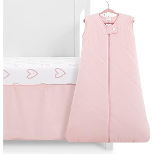 Evolur Baby Pink and Heart Print 3 Piece Mini Crib Bedding Set, Machine Washable, Soft and Breathable Toddler Bedding Set, Includes Fitted Sheet, Comfortor and Crib Skirt