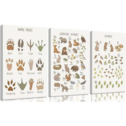 Animal Tracks Canvas Wall Art Woodland Animals ABC Wall Decor Alphabet Numbers Educational Posters Prints Nursery Pictures Toddler Learning Paintings Artwork for Classroom Kids Home Decoration