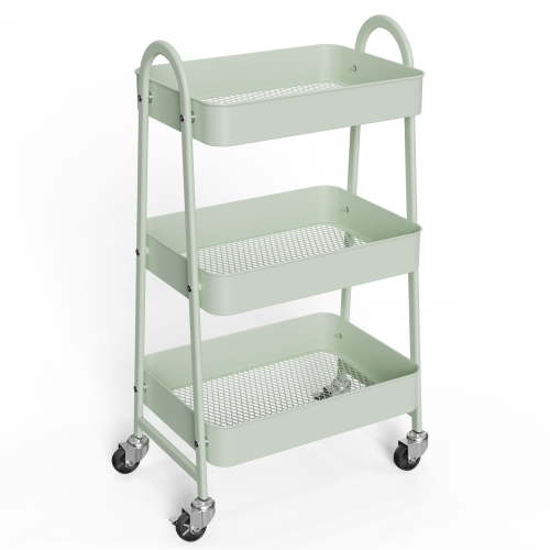 EDX 3 Tier Rolling Cart, Metal Utility Storage Organizer with Lockable Wheels, Green