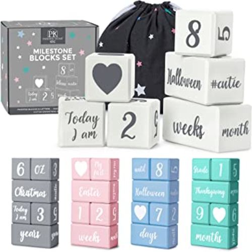 White Baby Monthly Milestone Blocks with Bag. Baby Age Blocks for Girl or Boy Baby Photo Props and Baby Shower. Month Baby Milestone Blocks with Grammatically Correct Month and Year
