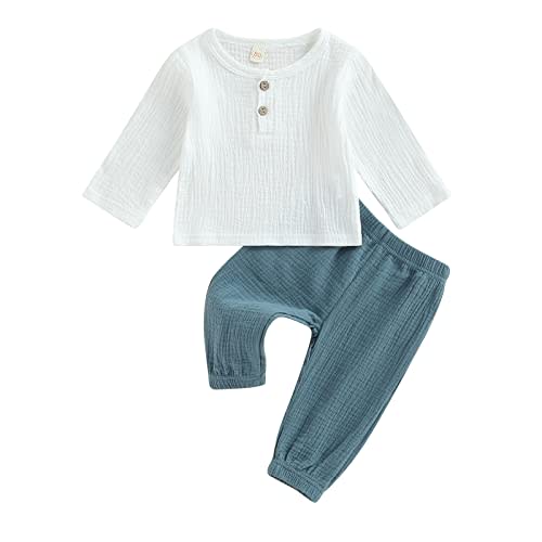 VISGOGO Toddler Boy Linen Outfit Baby Boy Fall Winter Clothes Set Button-Down Shirt Tops Cotton Linen Pants 2PCS
