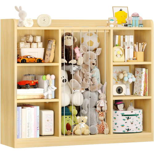Toddler Stuffed Animal Zoo, Toy Storage Organizer for Playroom, Plush Toy Organizers and Storage, Book Shelf for Kids Rooms, Elastic Band Child Bookcase, Toy Shelf with 8 Storage Cubbies (Maple Wood)