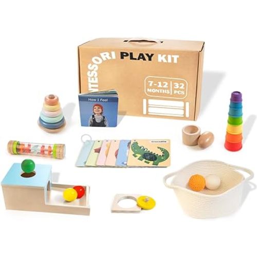 Montessori Toys for Babies 6-12 Months, 9 in 1 Educational Wooden Toys Set, Includes Object Permanent Box, Stacking Cups, Mirror Puzzle, Ring Stacker and More