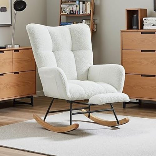 Teddy Fabric Rocking Chair, 35.4" Plush Glider with Anti-Slip Base - Sturdy Iron & Wood Frame, Comfort Rocker for Living Room, Bedroom, Nursery (White Teddy Fabric)
