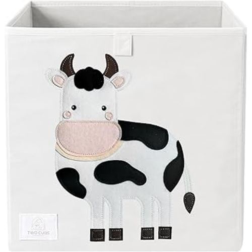 Two Cubs Foldable Kids Toy Storage Box - 13"x13" Cube Organizer Bin with Durable 2.6mm Plastic Plate Boards, Cow Design in White - Collapsible Nursery & Playroom Storage, Fits IKEA Kallax Shelves