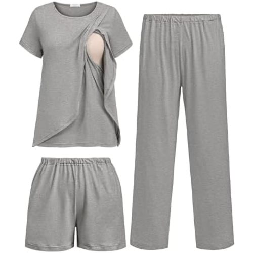 Ekouaer 3 PCS Maternity Nursing Pajamas Set Postpartum Breastfeeding Short Sleeve Shirts, Pregnancy Shorts & Pants Pjs S-XXL