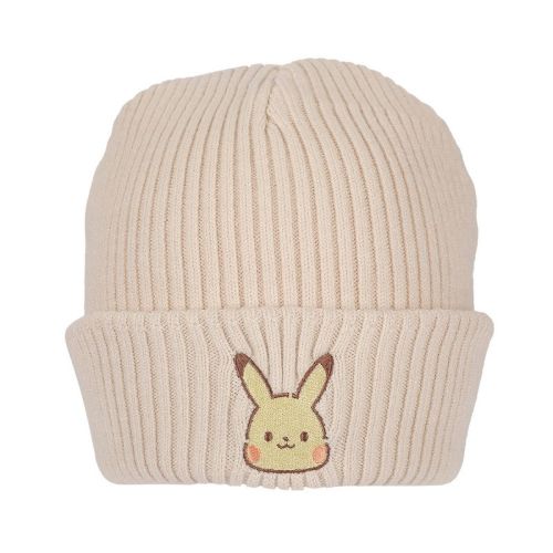 Pokemon Ribbed Knit Embroidered Pikachu On Natural Satin Lined Cuff Beanie
