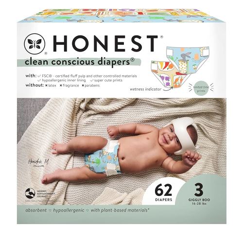The Honest Company Clean Conscious Diapers for Sensitive Skin | Hypoallergenic, Fragrance Free | Spring '25 Limited Edition Prints | Club Box, Size 3 (16-28 lbs), 62 Count