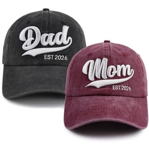2PCS Mom and Dad EST 2025 2026 Hat, 3D Embroidered Adjustable New Parents Gifts Baseball Cap