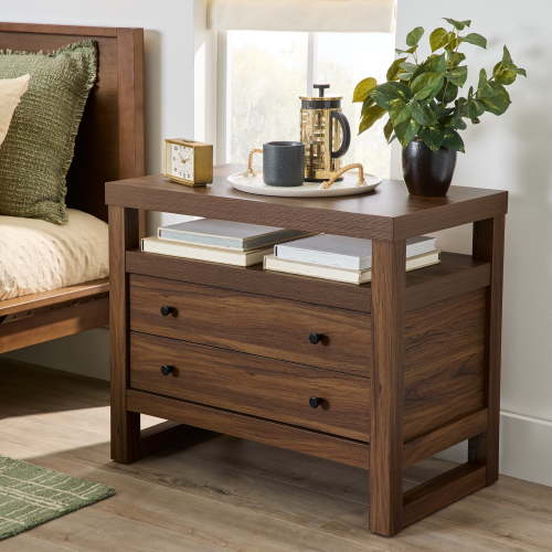Better Homes & Gardens Ezra 2-Drawer Nightstand with USB, Walnut Finish