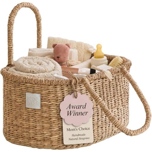 BEBE BASK Premium Baby Diaper Caddy Organizer Basket with Cotton Divider | Handmade & Award-Winner, Seagrass Caddy Basket, Newborn Essentials, Nursery Basket, Removable Divider, Baby Shower (ROSA)