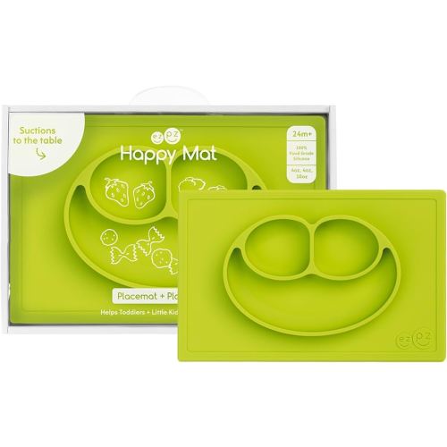 ezpz Happy Mat - 24 Months+ (Lime) - 100% Silicone Suction Plate with Built-in Placemat for Toddlers + Preschoolers - Divided Toddler Plates - Toddler Essentials…