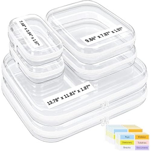 6 Pack Clear Hard Shell Zipper Case with Labels, 2S+2L+2XL