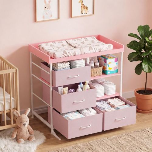 2 in 1 Baby Changing Table Dresser, Nursery Storage Cabinet in White or Pink with Drawers, Open Shelves and Anti Tip Hardware