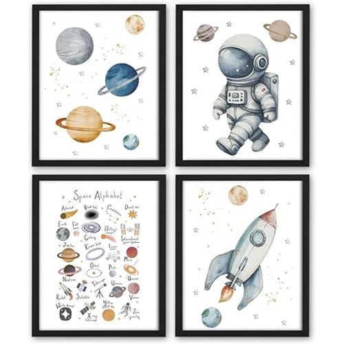 NaZaUK Space Nursery Decor, Space Themed Bedroom Decor, ABC Alphabet Learning Posters Wall Art for Boys Kids Room Nursery Playroom, Wall Art Set of 4, 8x10 Inch (Unframed)