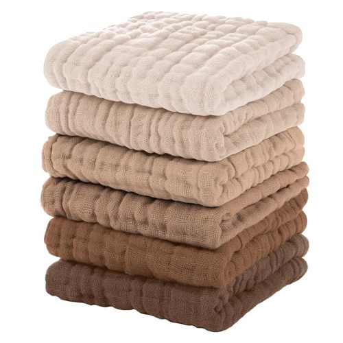 Unnivoll Muslin Burp Cloths Baby 12''X12'', Baby Washcloths 6 Pack, 100% Cotton Baby Wash Cloths Absorbent and Soft for Newborn Infants Kids Boys Girls - Gradient Brown