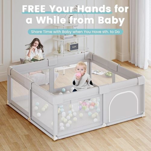 Hiaksedt 50 x 50 inch Baby Playpen with Ocean Balls and Pull Rings | Playpen for Babies and Toddlers, Baby Fence Playards, Safe Structure and Soft, Skin-Friendly Fabric with Zipper Gates.