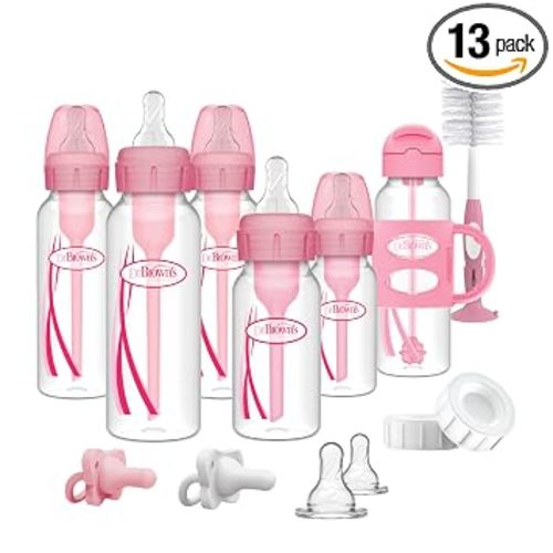 Dr. Brown's Anti-Colic Options+ Narrow Bottle Gift Set with Sippy Straw Bottle, HappyPaci Silicone Pacifiers, Storage/Travel Caps, and Bottle Brush, Pink