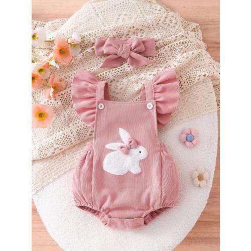 SHEIN Playful Pals 2pcs Baby/Toddler Cute Rabbit Embroidery & Pom Pom Decor Romper Set, Summer | SHEIN USA