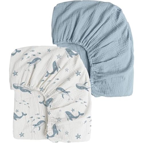 Konssy Muslin Crib Sheets 2 PCS, 100% Cotton Baby Crib Sheets for Standard Crib Mattress (28"x 52"), Soft and Breathable for Boys, Girls (Blue Whale,Blue)