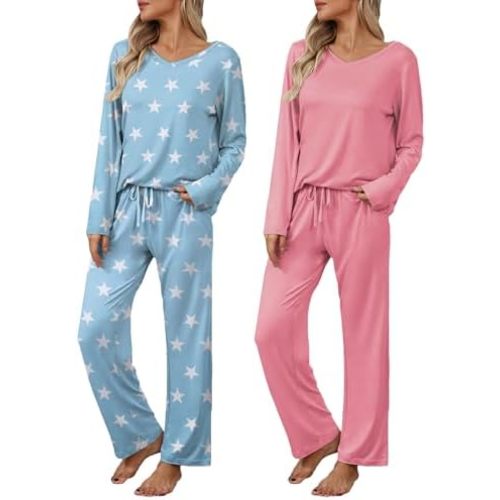 Ekouaer Womens 2 Pack Pajama Set Long Sleeve Pajamas Top and Pants V Neck Pjs Set Soft Loungewear with Pockets