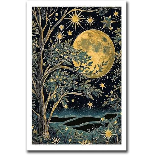 Canvas Painting Poster and Print William Morris Full Moon And Stars William Morris Exhibition Print Night Botanical Poster Vintage Full Art Print Modern Home and Bedroom Decoration 16x24inch