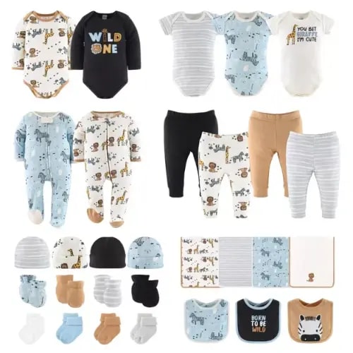 The Peanutshell Safari 30 Piece Newborn Layette Set, Blue/Neutral, 0-3 Months