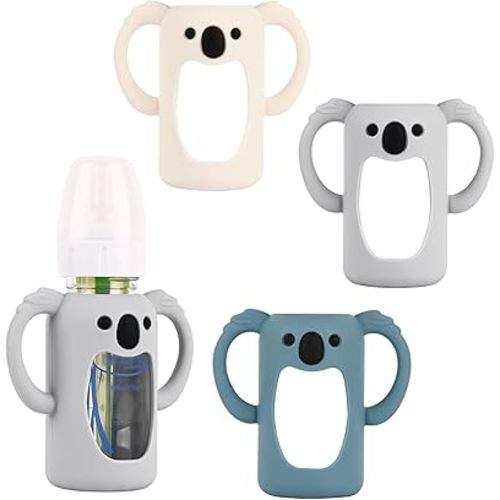 HUAKENER 3 Pack Silicone Sleeves with Handles for Dr Brown's Glass Baby Bottles 4 oz, Anti Breakage Baby Bottle Holder, Compatible with Dr. Brown's Natural Narrow Glass Baby Bottles