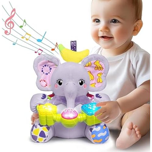 Baby Bilingual Musical Elephant Stuffed Animals Toys,Infant Early Learning Toy with Light-Up Music & Crinkle,Tummy Time Toys for 0 3 6 9 12+ Months for Baby Boy Girl Gift,Purple