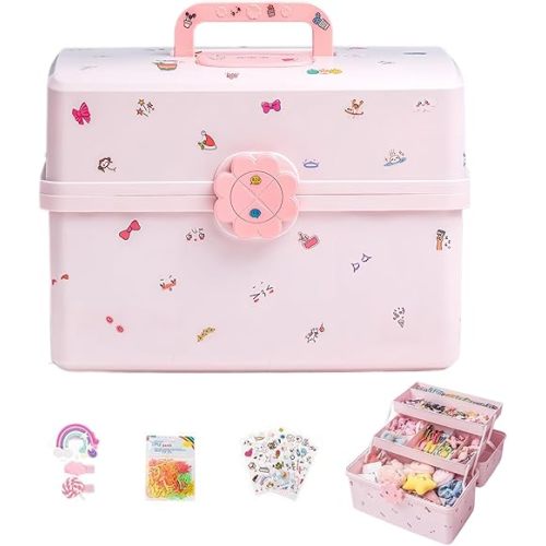 Pulseplay Hair Accessories Organizer for Girls Portable 3-Layer Plastic Craft Storage Organizer with Handle Multipurpose Plastic Storage Box for Sewing,Art Supplies,Medicine,Makeup