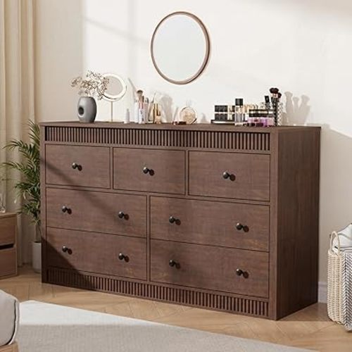 GarveeHome 7 Drawer Dresser for Bedroom, 54" Wide Fluted Wooden Chest of Drawers, Modern Long Storage Dresser Organizer for Living Room, Hallway, Entryway, Brown