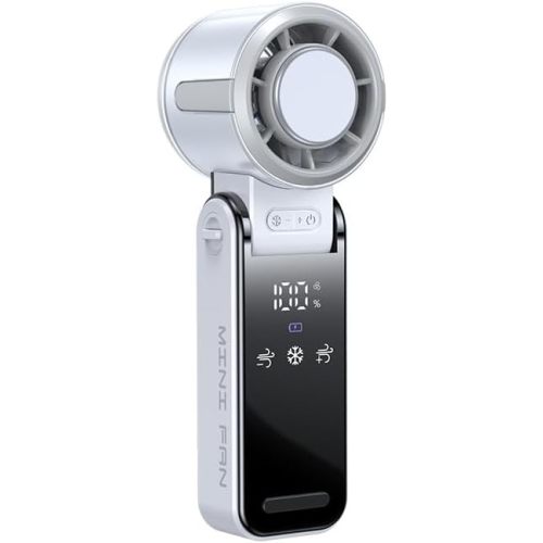 Handheld fan, portable collapsible turbo bladeless high speed cooling ice fan, rechargeable digital display hanging neck, suitable for outdoor, office, travel, camping, party, hiking, fishing (White)