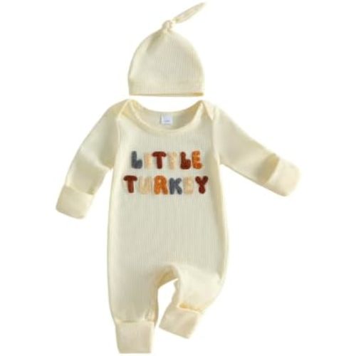 Newborn Baby Boy Thanksgiving Outfit Waffle Little Turkey Romper and Hat