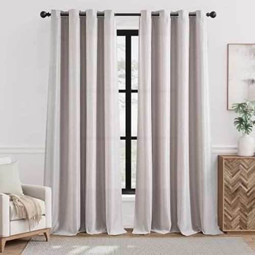 jinchan Linen Textured Curtain 96 Inch Long for Living Room Light Filtering Thermal Insulated Grommet Top Window Drape for Bedroom 52" W x 96" L Stone White 1 Panel
