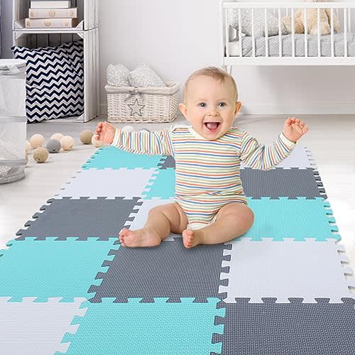 XMTMMD Soft Non-Toxic Foam Baby Play Mat | Toddler Playmat | EVA Foam Interlocking Tiles for Gym, Nursery, Playroom | 18 Squares Foam Floor Mats for Kids & Babies | Colorful Jigsaw Puzzle Play Mat