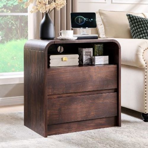 25" Tall Modern Nightstand, Wood Bedside Table w/Charging Station & 2 Drawers, Mid Century End Table for Bedroom, Living Room, Brown