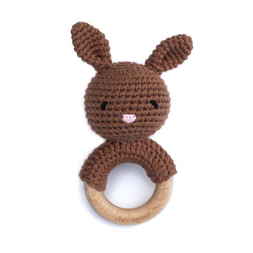 Baby Bunny Rattle with Wooden Teething Ring - Mocha – Cheengoo