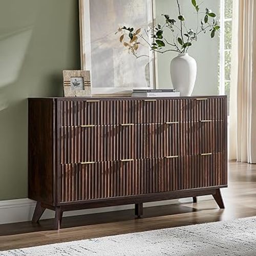 T4TREAM Fluted 7 Drawers Dresser, 54" Wide Modern Chest of Drawers, Curved Profile Design, Dresser TV Stand, Wood Drawer Organizer for Bedroom, Living Room, Hallway, Dark Walnut