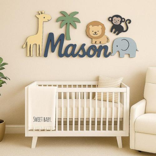 Safari Animal Baby Name Sign Above Crib Name Sign, Nursery Name Sign, Personalized Wooden Name Sign, Custom Baby Room Wall Art Newborn gift
