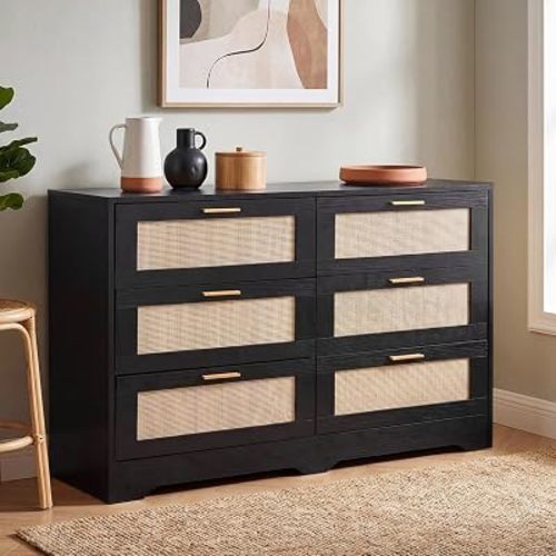 Dresser for Bedroom 6 Drawer Dresser Bedroom Furniture Storage for Bedroom Living Room Hallway, High Weight Capacity 300lbs, Imitation Rattan Weave with Gold Handles (Black)