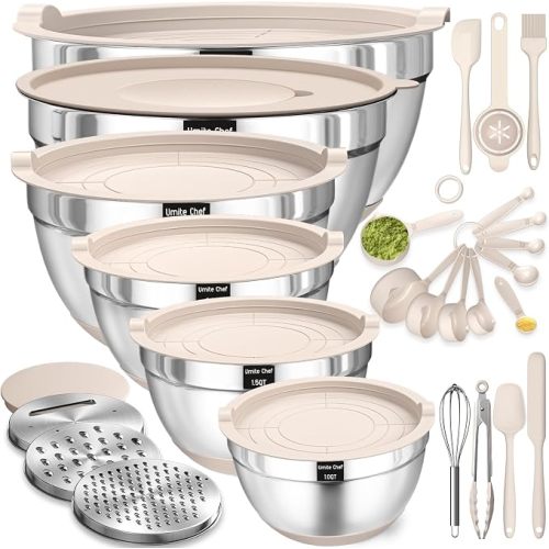 Mixing Bowls with Airtight Lids Set, 26PCS Stainless Steel Khaki Bowls with Grater Attachments, Non-Slip Bottoms & Kitchen Gadgets Set, Size 7, 4, 2.5, 2.0,1.5, 1QT, Great for Mixing & Serving