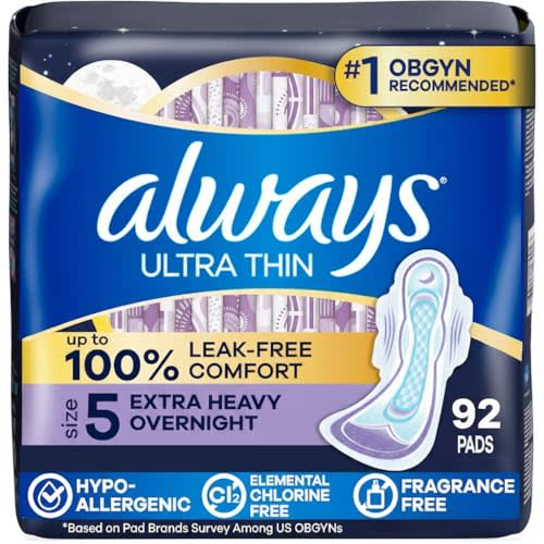 Always Ultra Thin Overnight Pads, Size 5, Extra Heavy Overnight, Unscented, 92 Count (2 Packs of 46)