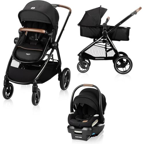Maxi-Cosi New Generation Zelia Luxe 5-in-1 Modular Travel System, Carriage Mode, Reversible Toddler Seat, Mico Infant Car Seat (included), Enhanced All-Terrain Wheels, Use from Birth – Bassalt Black