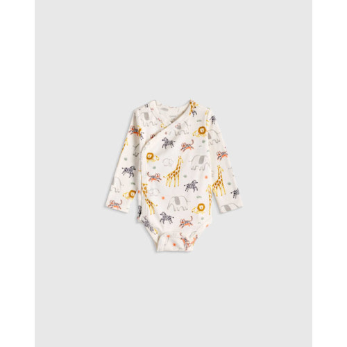 Quince 100% Organic Cotton Long Sleeve Kimono Bodysuit - Baby in Safari